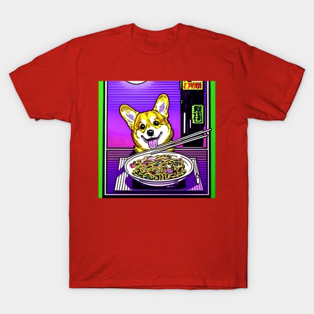 Corgi Eating Ramen Noodle Soup. T-Shirt by Megaluxe 